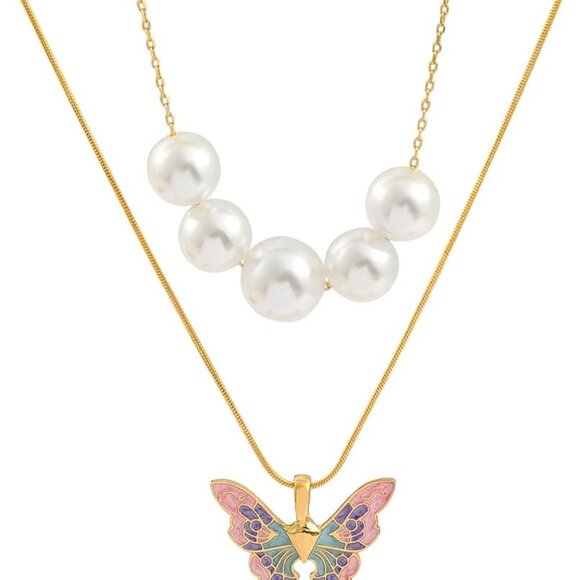 Pearl Butterfly Necklaces for Women - Dainty Enamel Fairy Butterfly Pendant Faux - Picture 1 of 6